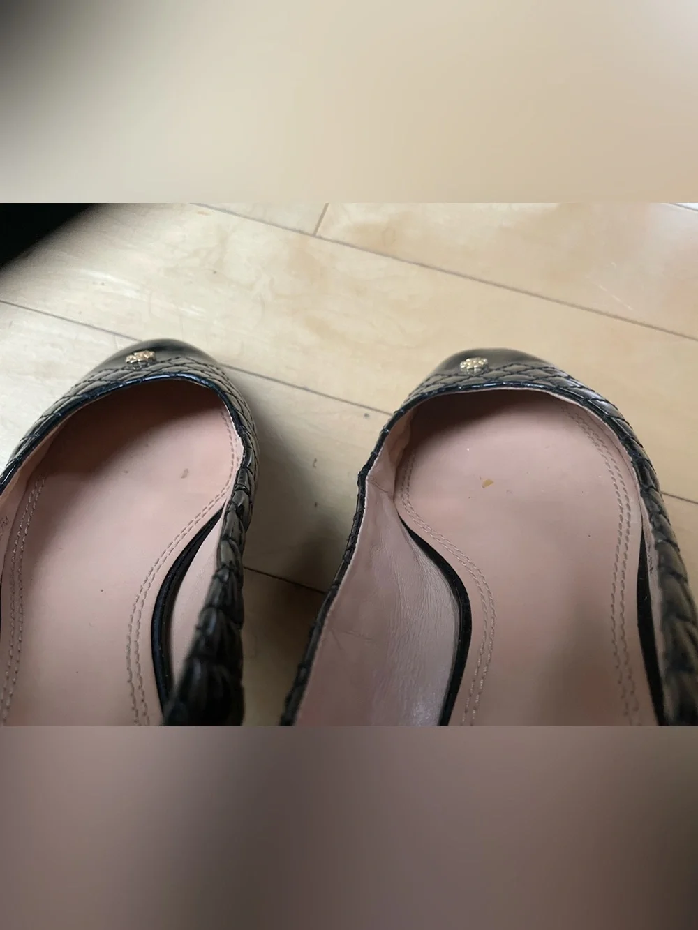Tory Burch Black Quilted Patent Ballet Flats with Gold Logo